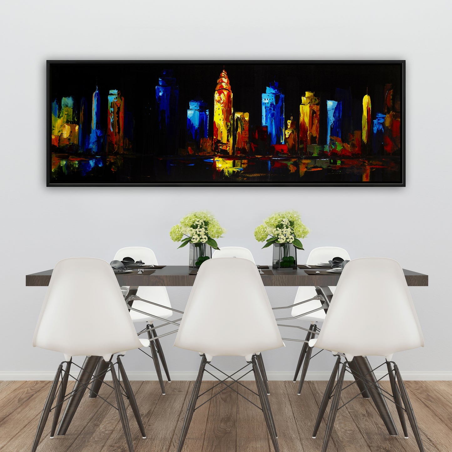 Toile encadrée contemporaine | Paysage urbain coloré sur fond sombre