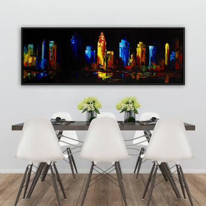 Toile encadrée contemporaine | Paysage urbain coloré sur fond sombre