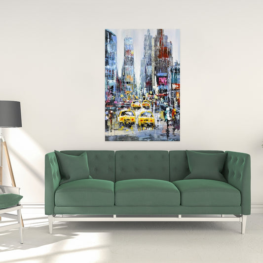 Contemporary Building Blue Canvas | Urban Scene with Yellow Taxis