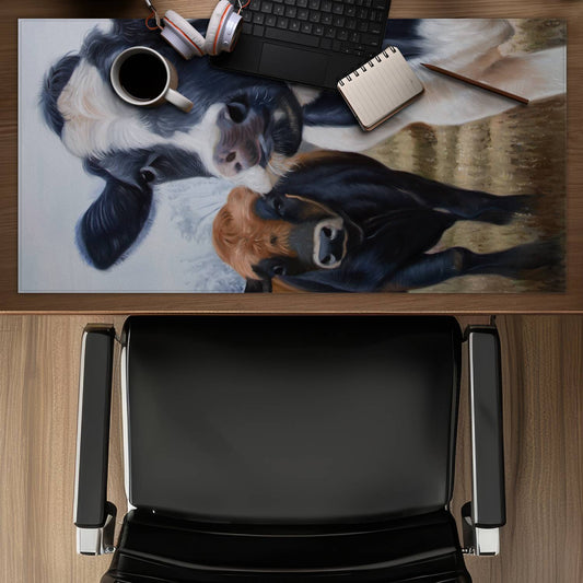 White Farm Animals Desk Mat | Two Cows Eating Grass Decor