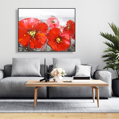 Champ gris avec fleurs rouges | Toile encadrée à fleurs rouges