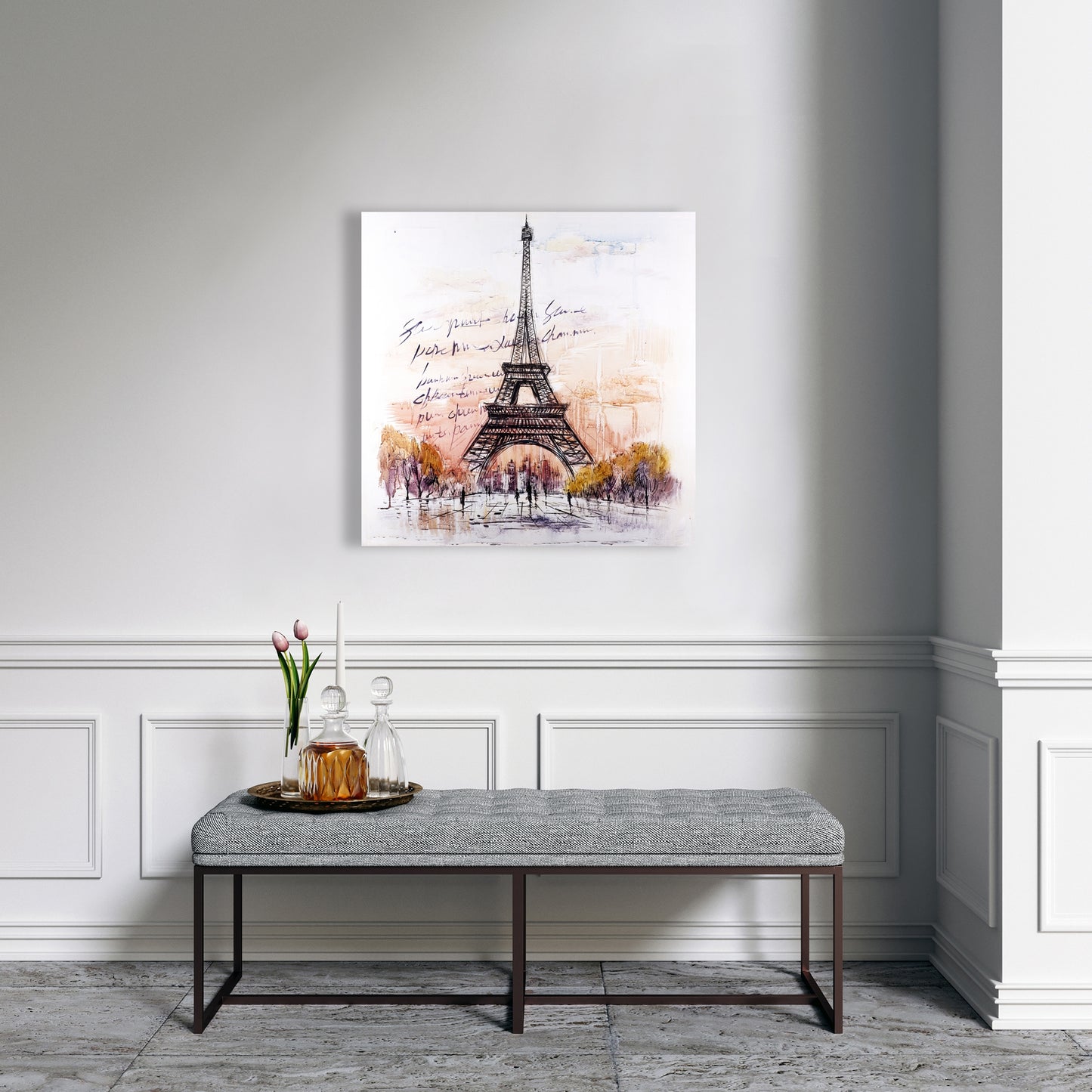 Eiffel Tower Sketch Gray Canvas | Bedroom Decor | Trees