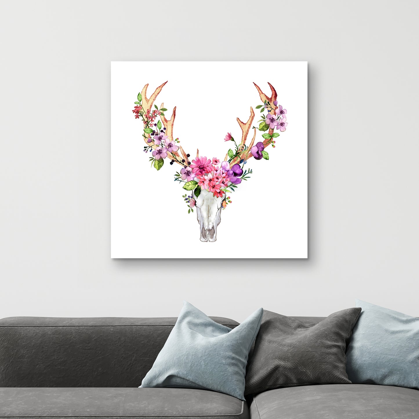 Rustic Deer Skull with Flowers Canvas - Home Decor Art