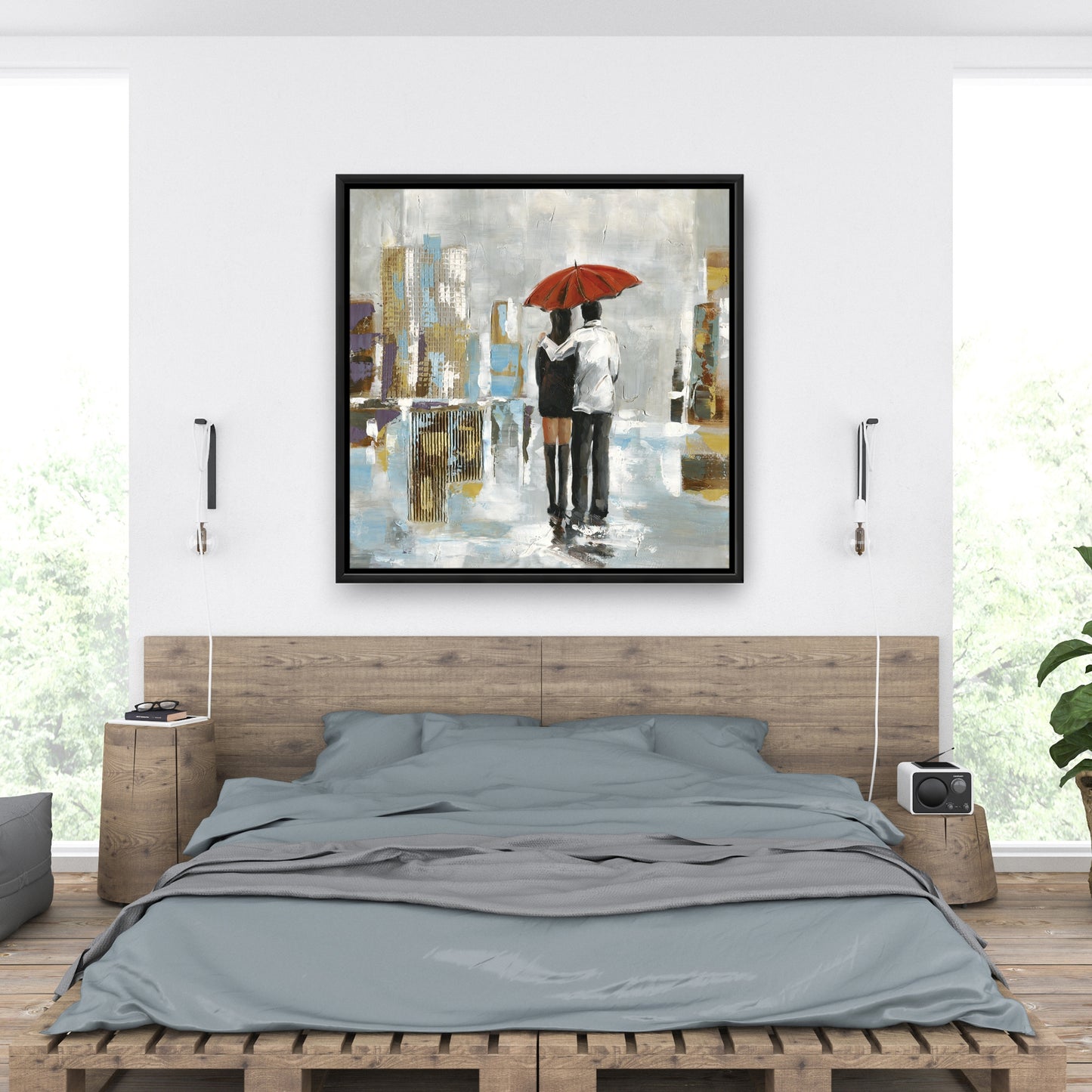 Couple marchant sous un parapluie | Toile encadrée abstraite