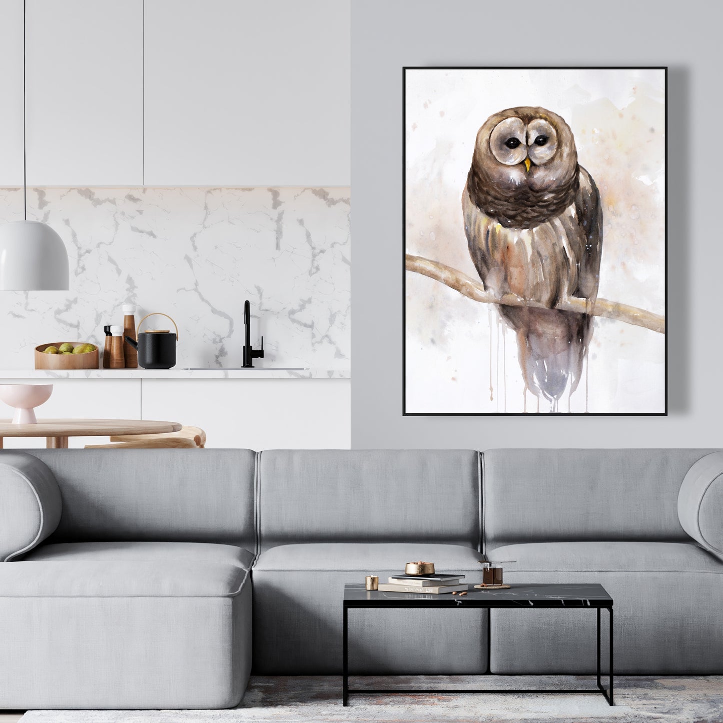 Toile Chouette rayée | Décoration de chambre encadrée avec oiseau brun