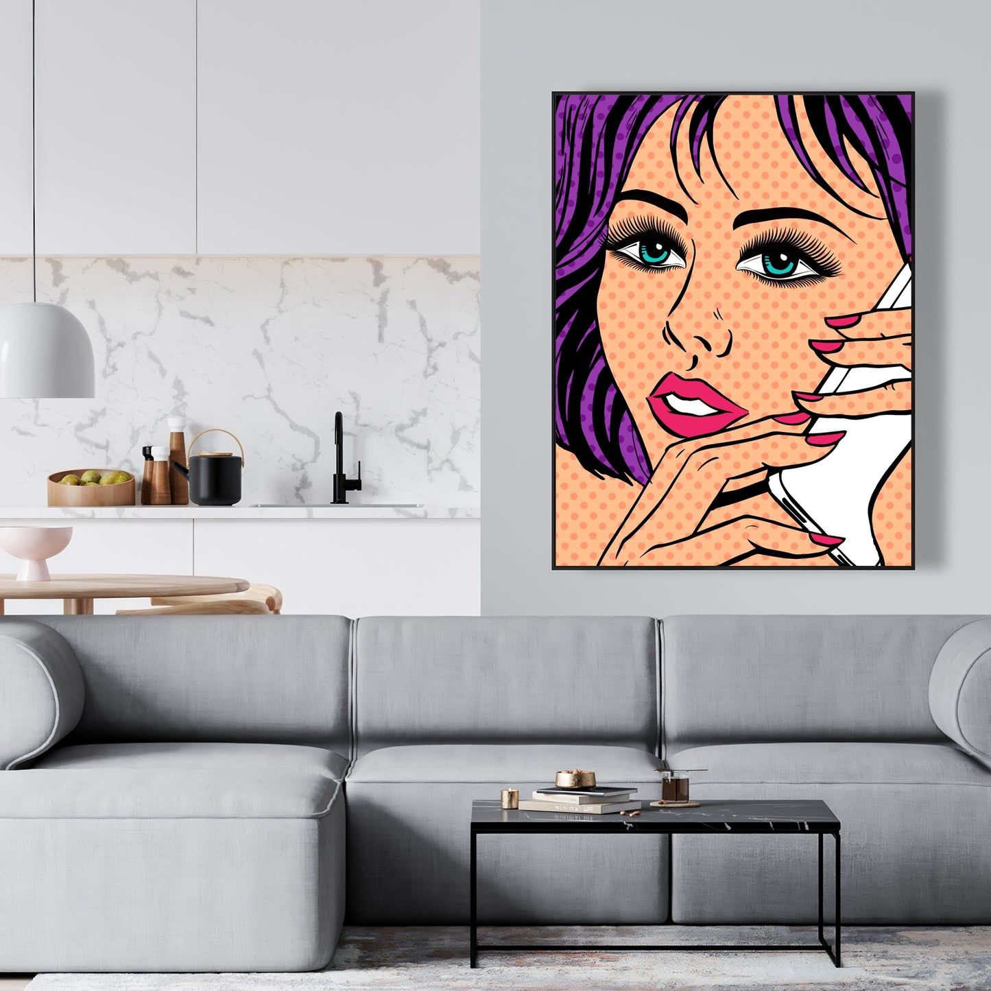 Toile Pop Art : Femme au téléphone – Cadre rétro violet