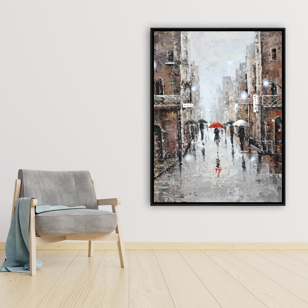 Toile City Rain - Cadre marron | Décoration murale pour chambre à coucher