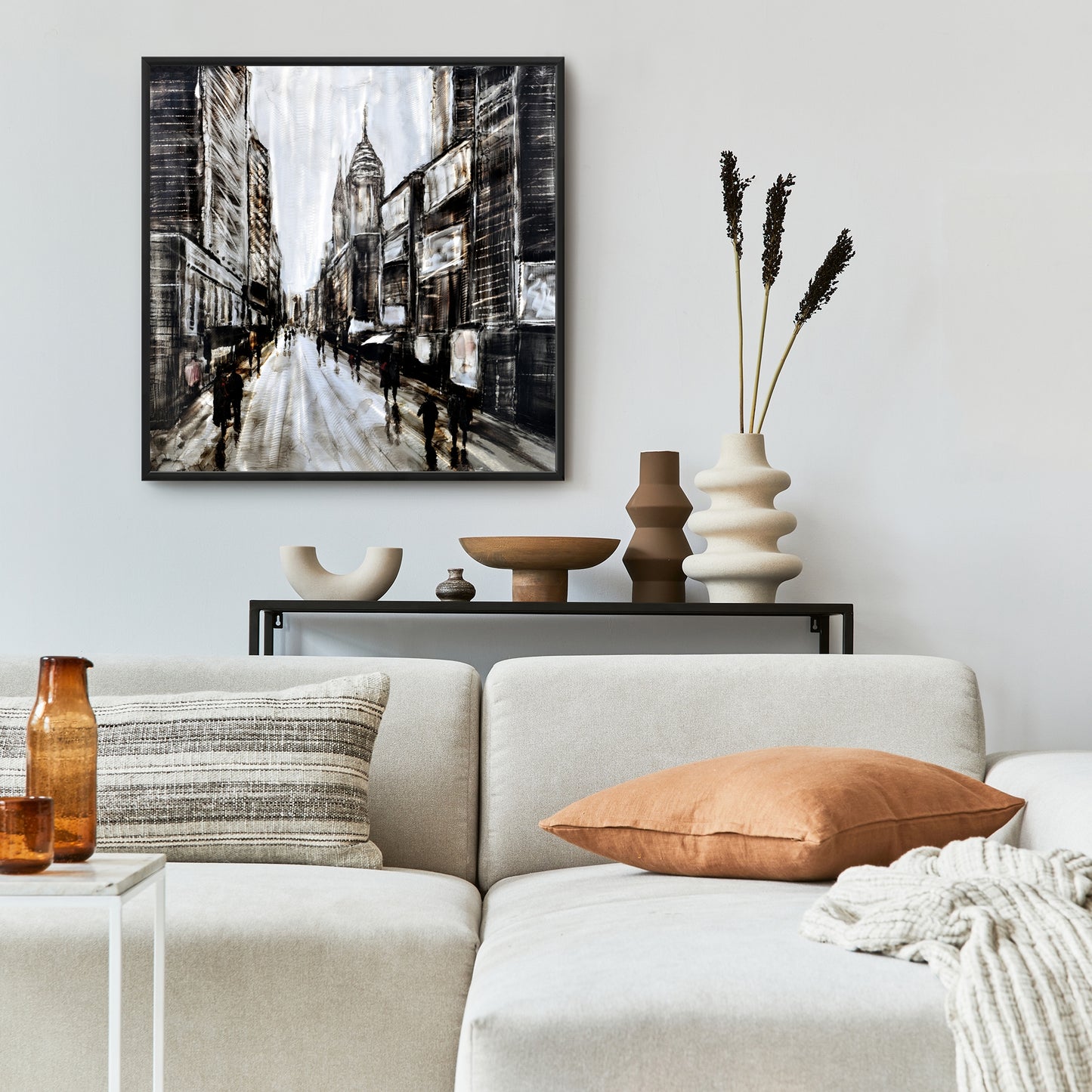 Toile « Rue grise animée » - Cadre marron industriel pour décoration d'intérieur