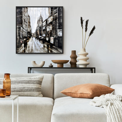 Toile « Rue grise animée » - Cadre marron industriel pour décoration d'intérieur