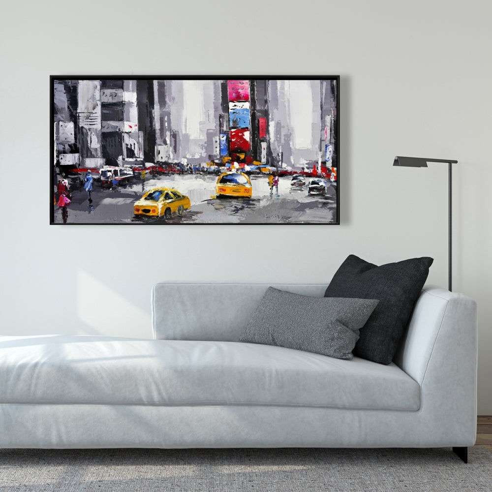 Toile abstraite de rue – Cadre bleu | Décoration murale Taxis jaunes