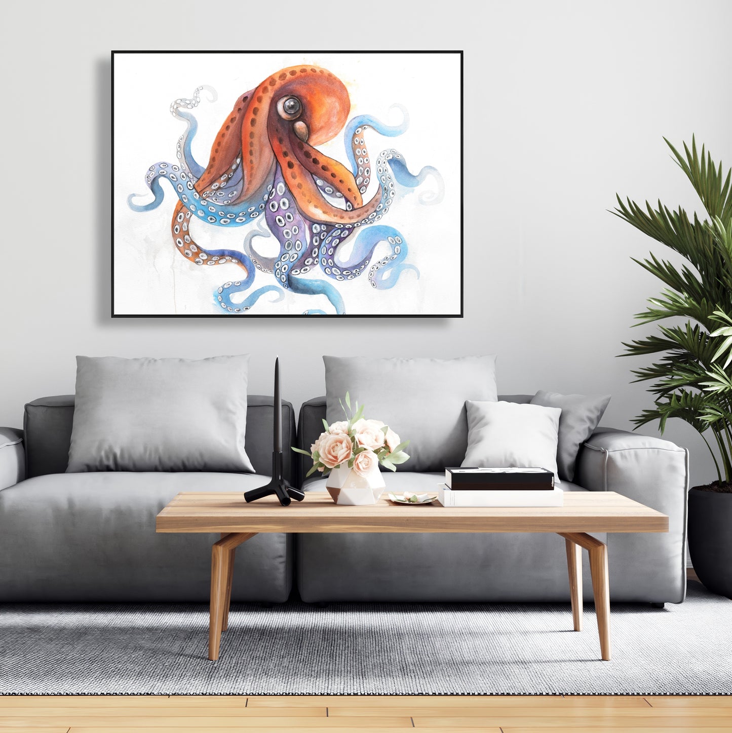 Toile encadrée représentant une pieuvre colorée et amusante – Décoration d'intérieur aquatique bleue