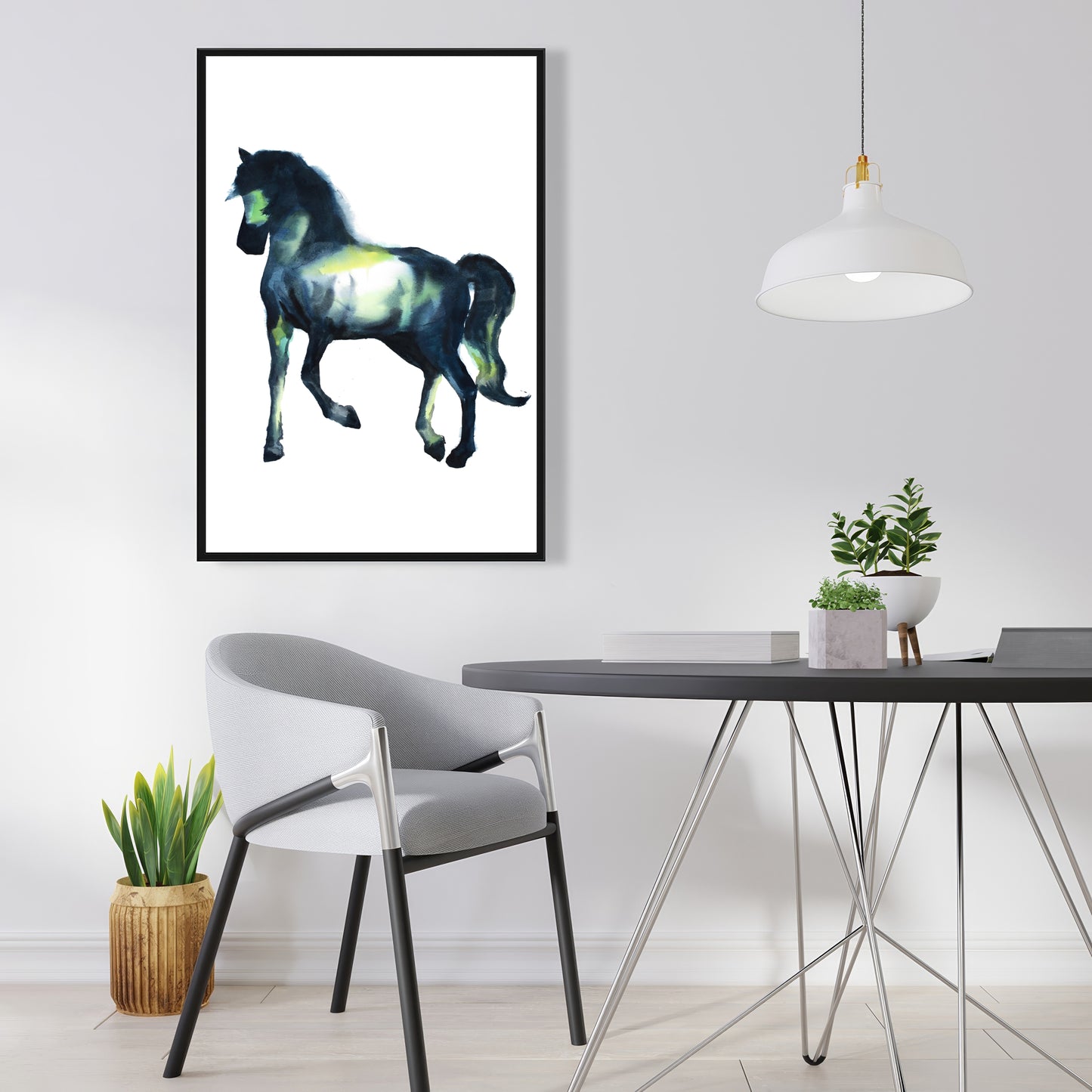 Toile encadrée élégante représentant un cheval bleu - Décoration d'intérieur avec animaux de la ferme
