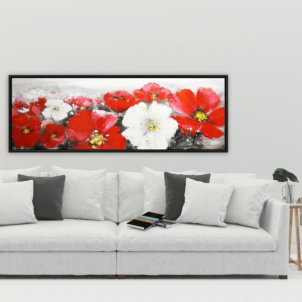 White Contemporary Framed Canvas | Red and White Flowers Field