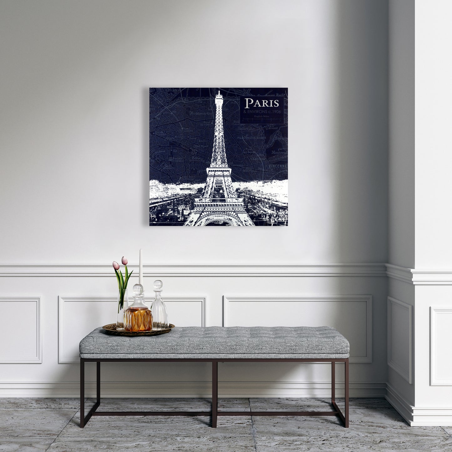 Paris Blueprint & Eiffel Tower Canvas - Blue Bedroom Decor