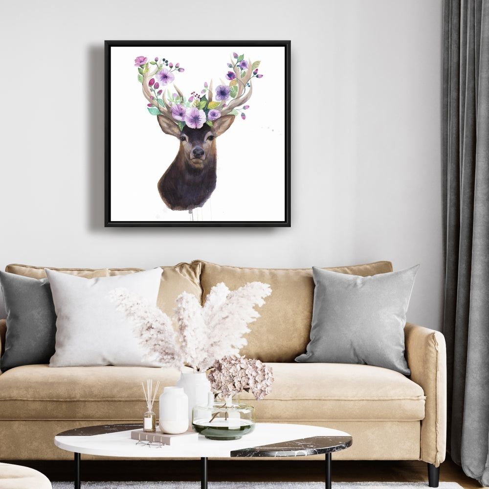 Roe Deer Head with Flowers Framed Canvas | Romantic Bedroom Art