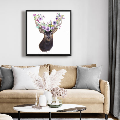 Roe Deer Head with Flowers Framed Canvas | Romantic Bedroom Art