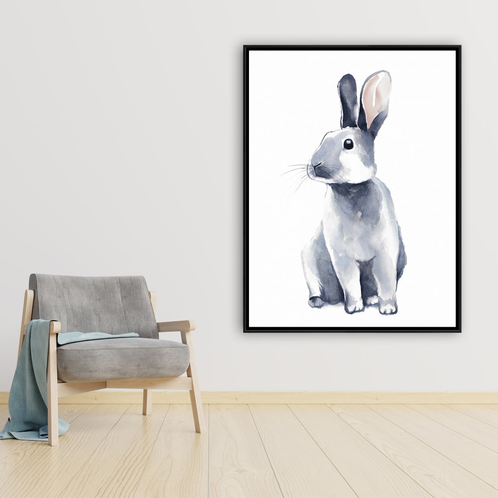Toile encadrée « Lapin curieux gris » | Décoration de chambre scandinave