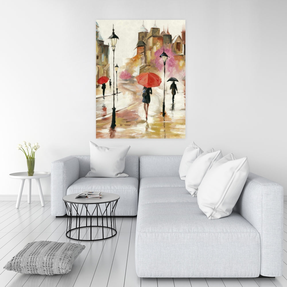 Red Contemporary Canvas - Passersby under Umbrellas Artwork