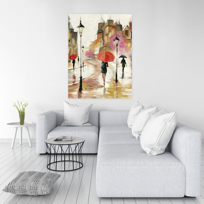 Red Contemporary Canvas - Passersby under Umbrellas Artwork