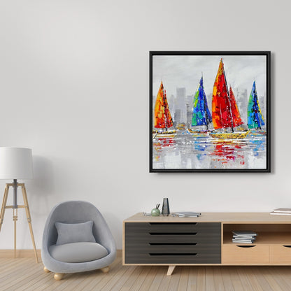 Toile Bateaux colorés | Décoration contemporaine avec cadre bleu