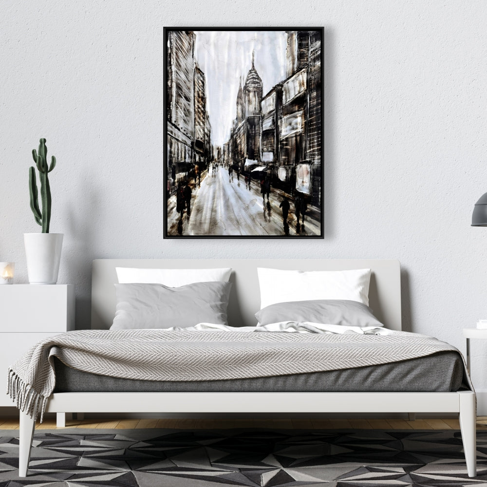 Toile « Rue grise animée » - Cadre marron industriel pour décoration d'intérieur