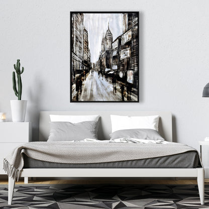 Toile « Rue grise animée » - Cadre marron industriel pour décoration d'intérieur