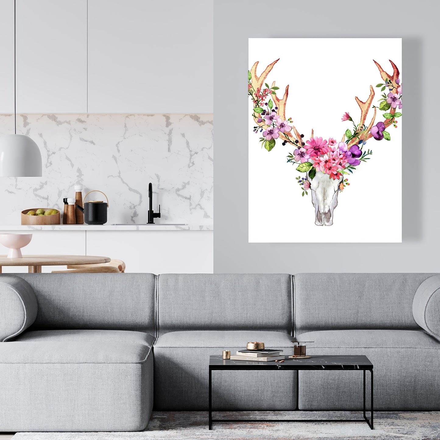 Rustic Deer Skull with Flowers Canvas - Home Decor Art