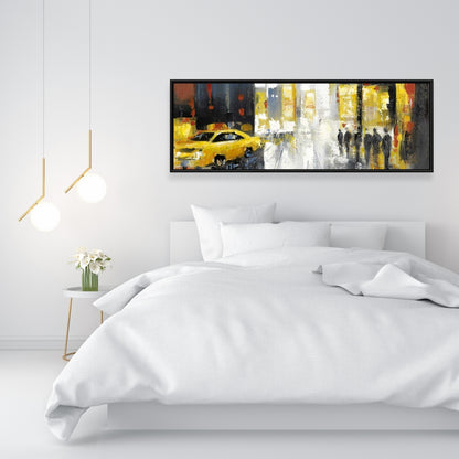 Toile encadrée grise contemporaine - Décoration de rue pluvieuse et animée