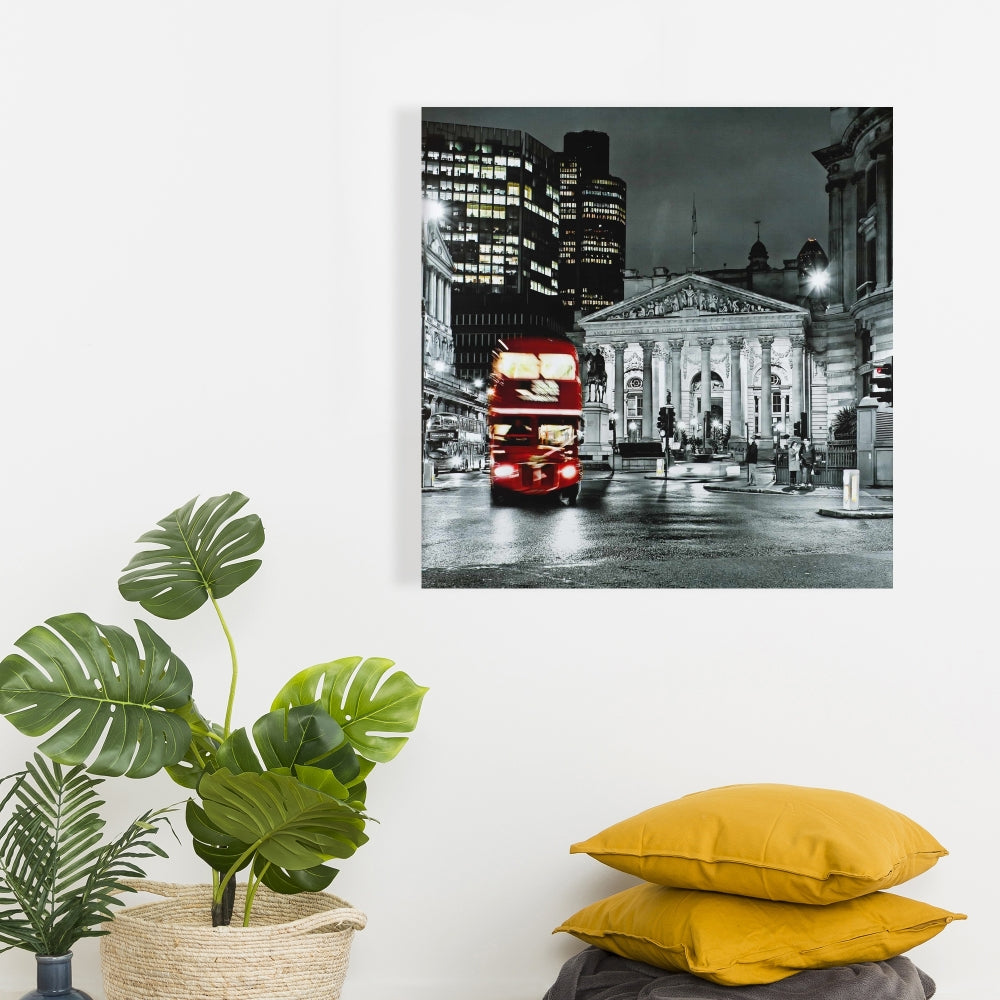 Toile de chambre à coucher « Bâtiment gris » | Panthéon en niveaux de gris, décor de bus rouge