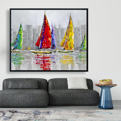 Voiliers au vent | Toile encadrée grise | Décoration d'intérieur