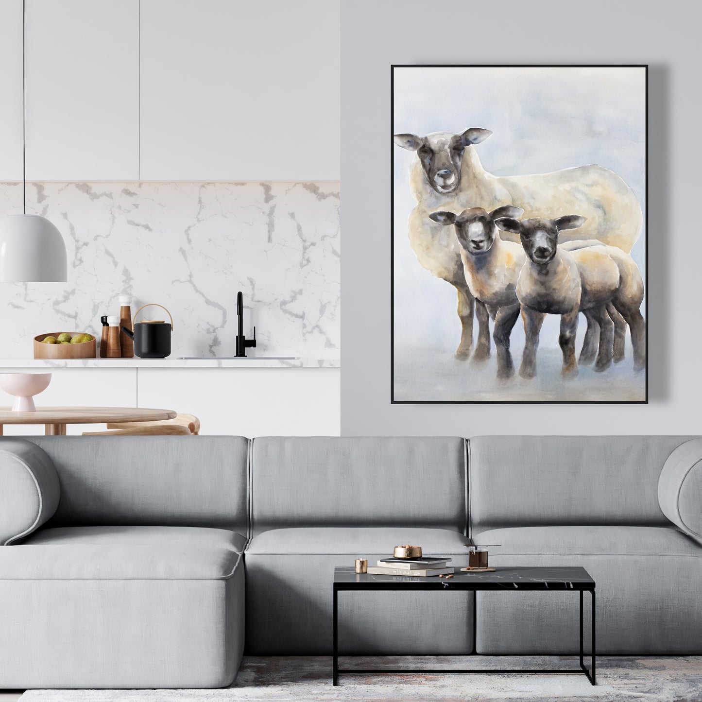 Toile bleue pour chambre à coucher : Famille de moutons | Décoration d'intérieur avec animaux de la ferme