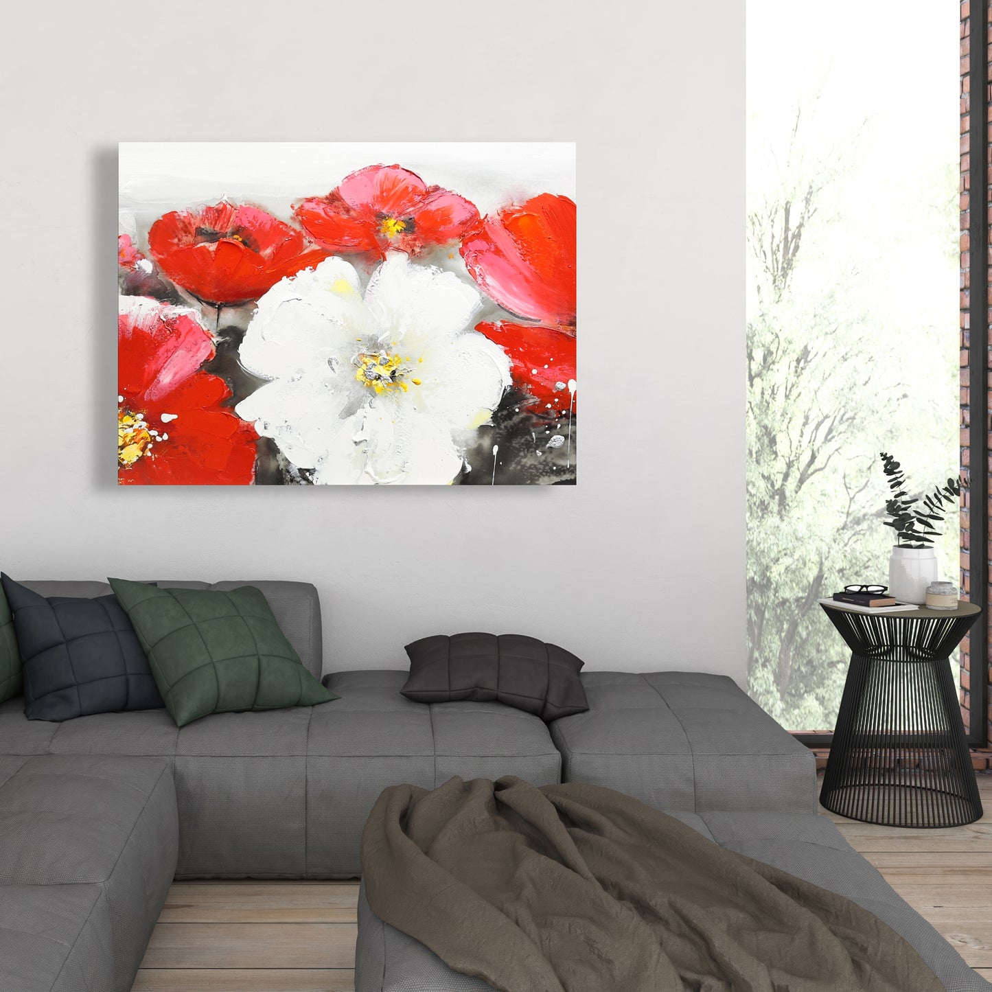 Red and White Flowers Field Canvas - Botanical Home Decor