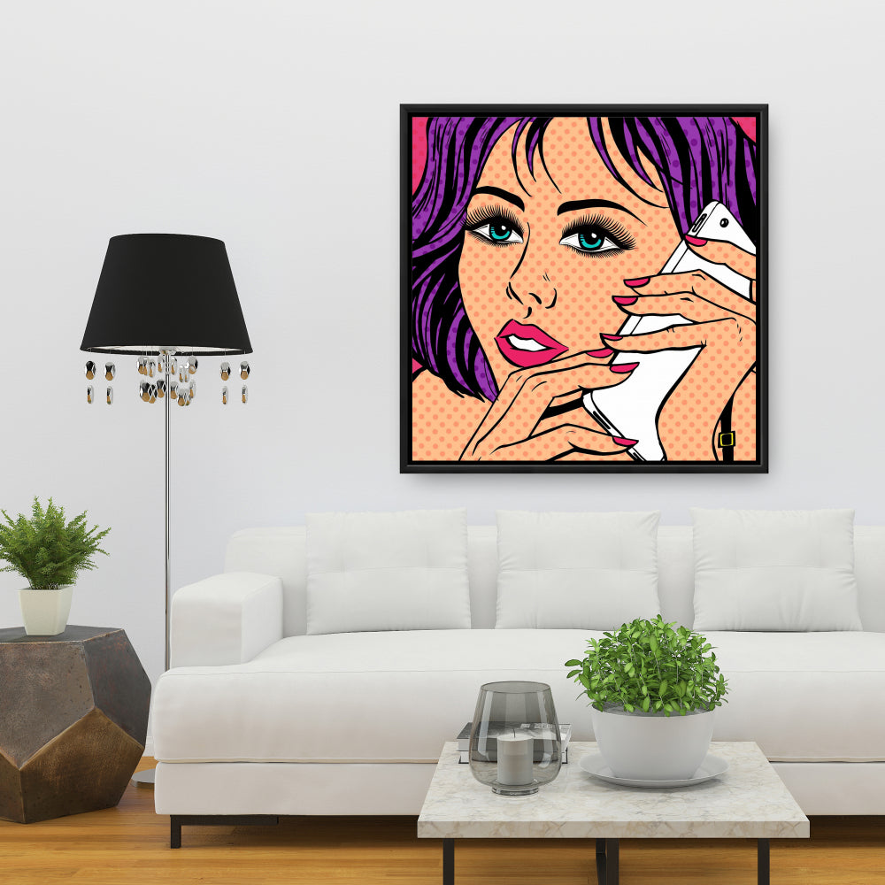 Toile Pop Art : Femme au téléphone – Cadre rétro violet