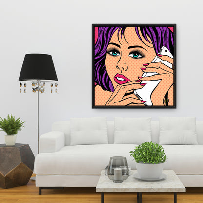 Toile Pop Art : Femme au téléphone – Cadre rétro violet