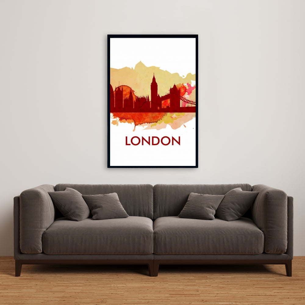 Paint Splash Silhouette of London | Retro Orange Canvas Decor