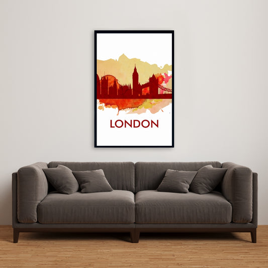 Paint Splash Silhouette of London | Retro Orange Canvas Decor
