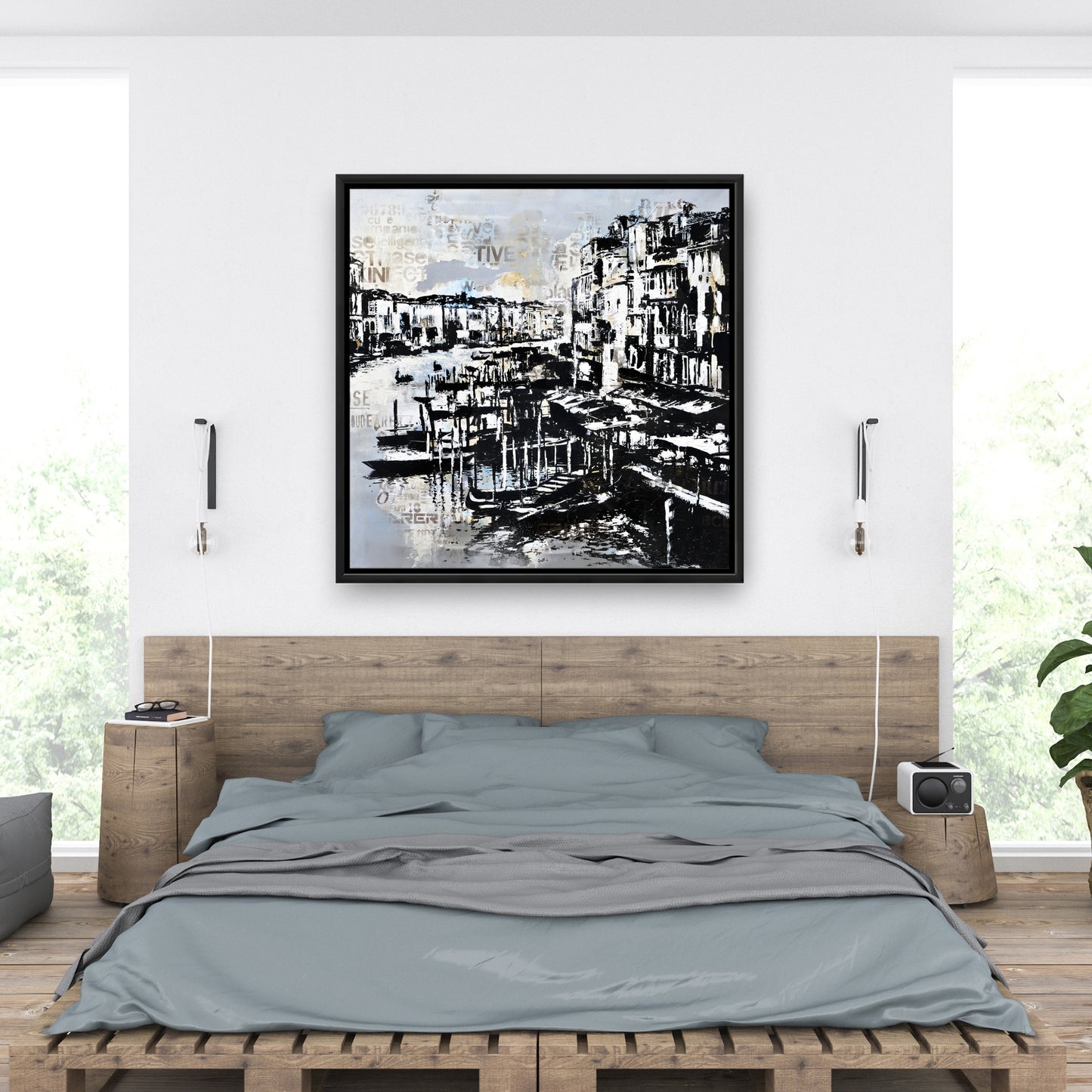 Décoration de chambre côtière | Toile abstraite bleue représentant le port de Venise