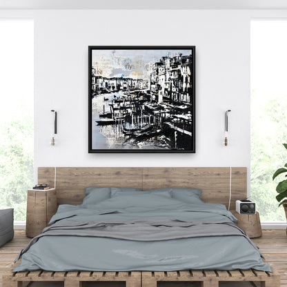 Décoration de chambre côtière | Toile abstraite bleue représentant le port de Venise