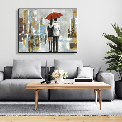 Couple marchant sous un parapluie | Toile encadrée abstraite