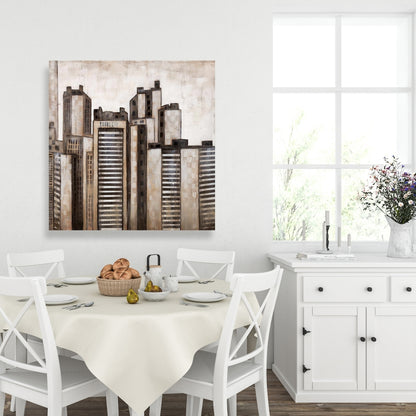 Toile moderne marron « Villes » | Décoration d'intérieur à rayures et gratte-ciels