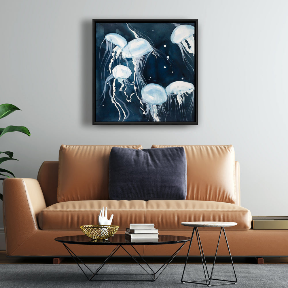 Toile décorative encadrée bleue représentant les animaux de la chambre de Méduse