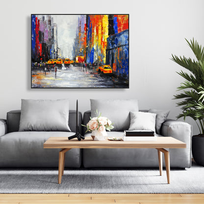 Blue Building Bedroom Canvas | Color Spotted Street with Taxis