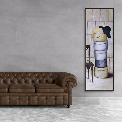 Décoration de chambre contemporaine : boîtes à chapeaux sur toile encadrée