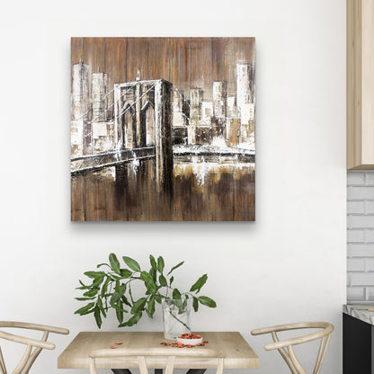 Aged Finish Brooklyn Bridge Canvas | Bedroom Decor - Brown