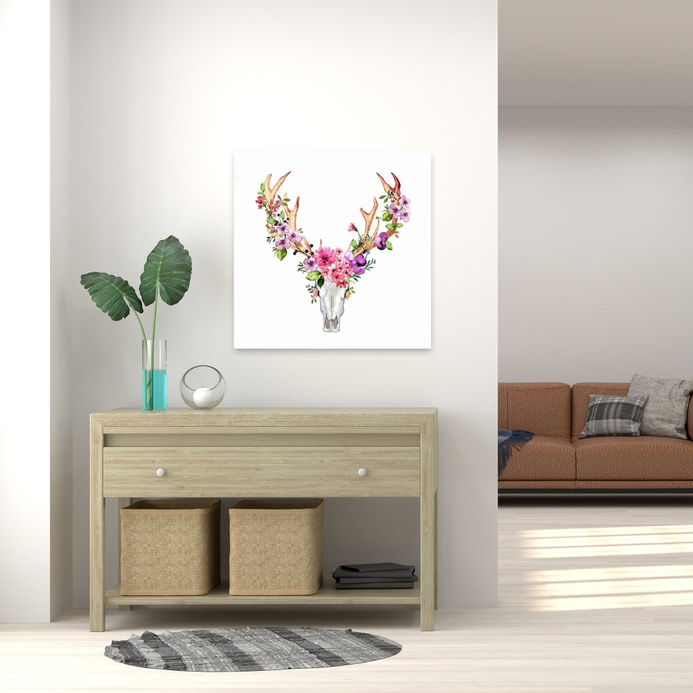 Rustic Deer Skull with Flowers Canvas - Home Decor Art