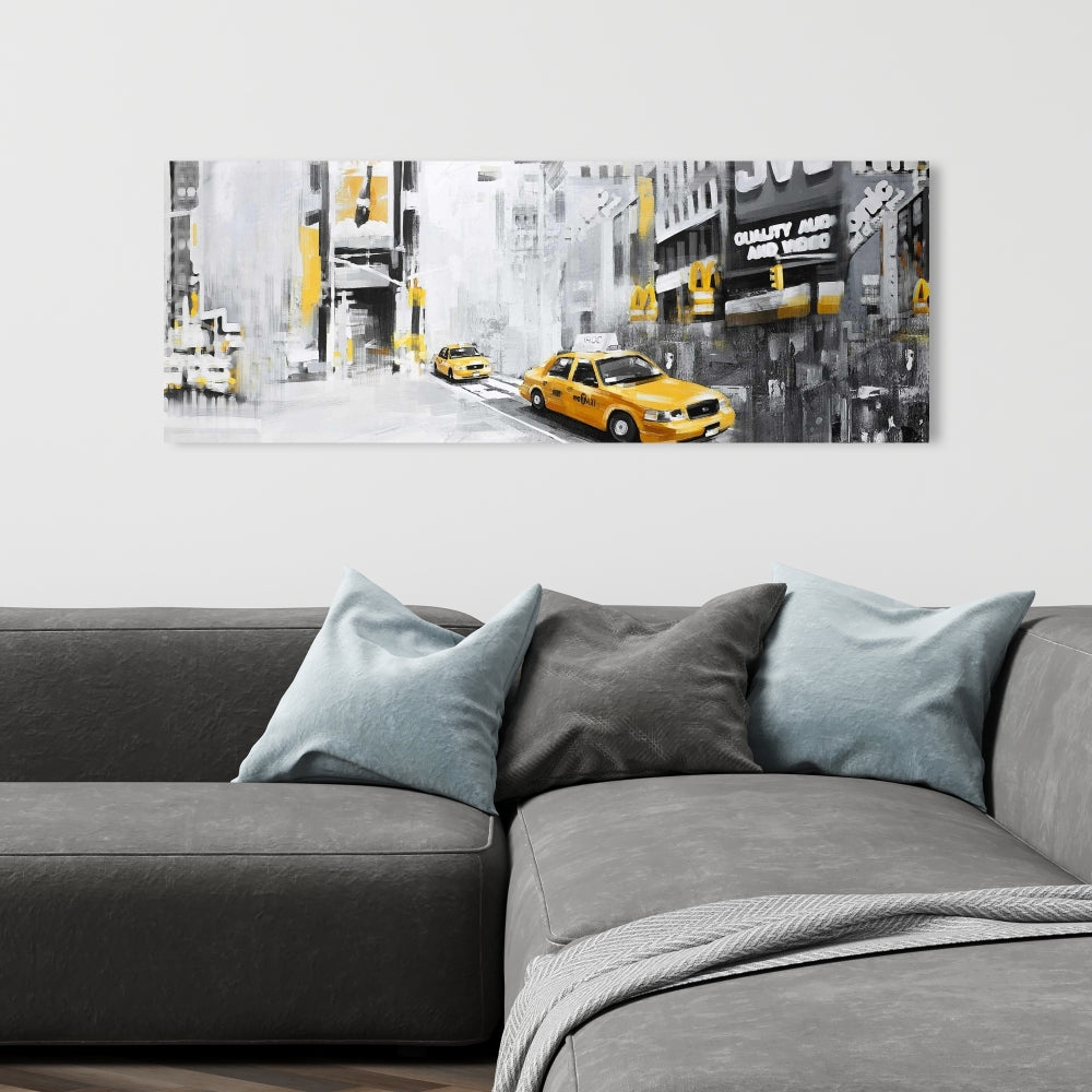 Toile de chambre à coucher Gray Building – Décor de New York avec taxis