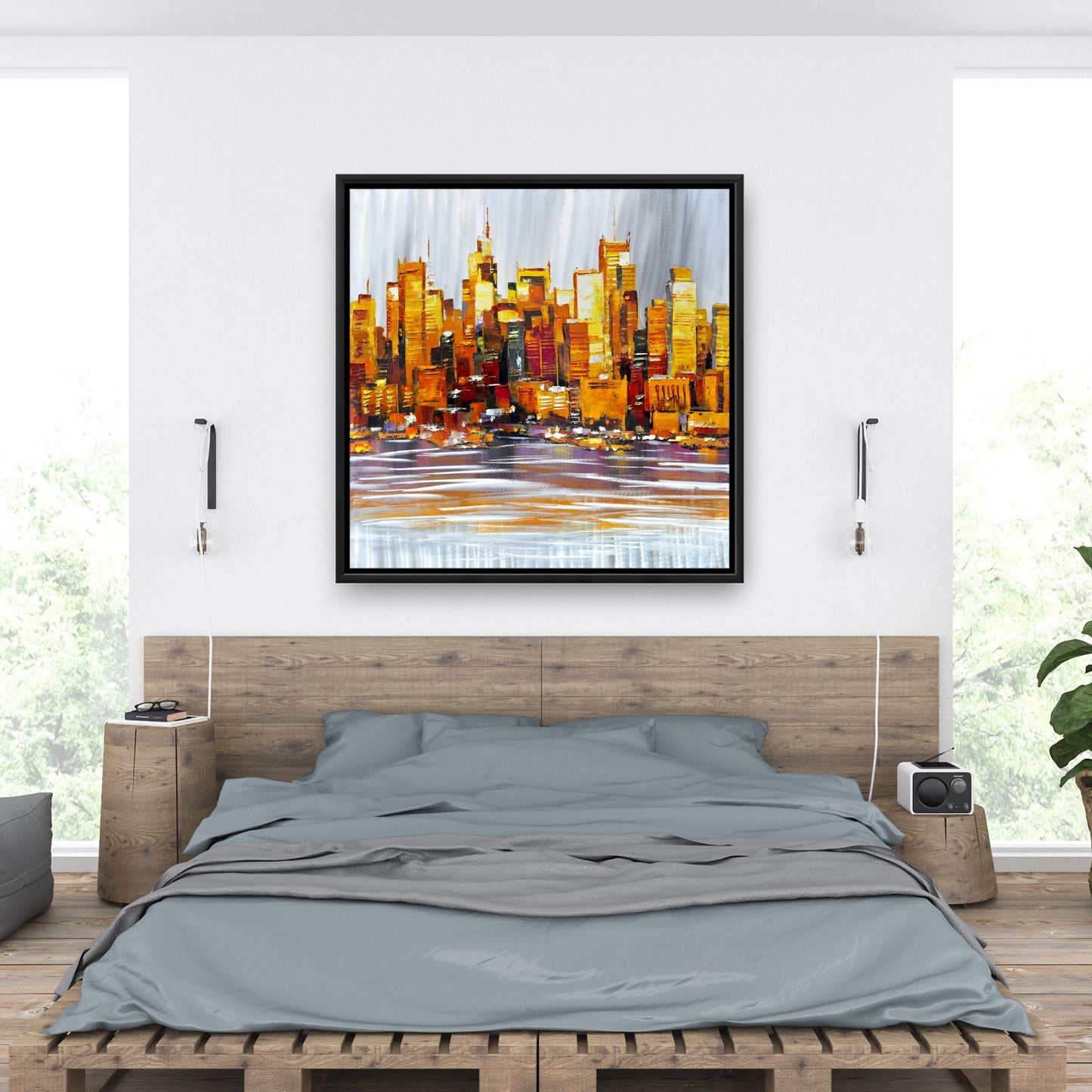 Orange Buildings Framed Canvas | Modern Bedroom Wall Decor