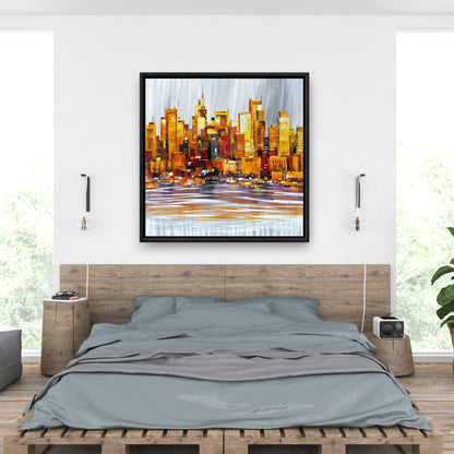 Orange Buildings Framed Canvas | Modern Bedroom Wall Decor