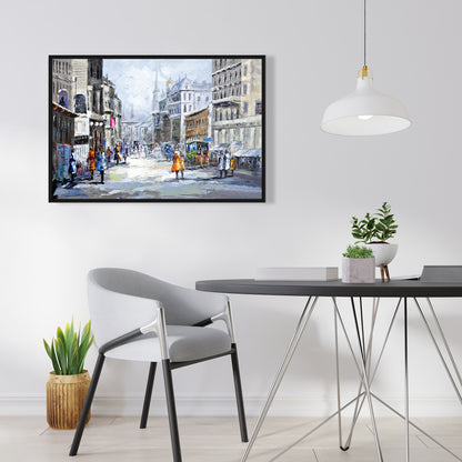 Rue animée par temps nuageux | Décoration murale sur toile bleue pour chambre à coucher