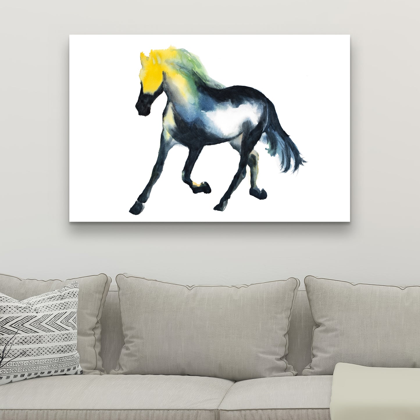 Cheval au galop, animaux de la ferme, toile bleue | Décoration d'intérieur